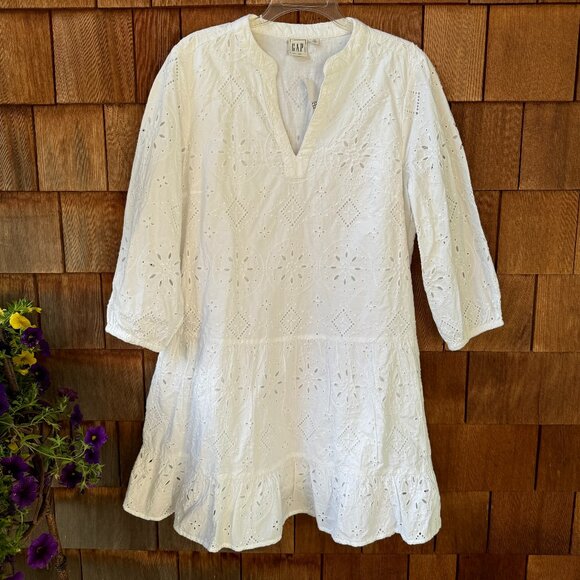 NWT GAP White Eyelet Cotton Three Quarter Sleeves A-Line Dress - Women's X-Large - Picture 1 of 11
